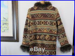 Nwot Double D Ranch Lambswool Raccoon Fur Trim Indian Design Sweater Coat Med