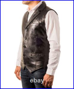 Original Lambskin Leather Men Button Waistcoat Black Western Vest Coat Jacket