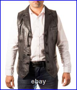Original Lambskin Leather Men Button Waistcoat Black Western Vest Coat Jacket