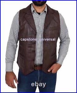 Original Vest Coat Jacket Lambskin Leather Men Button Waistcoat Brown Western