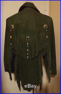 PUNCHLINE Dark Green Rough Leather Western Beaded Fringe Jacket Coat Size Small