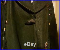 PUNCHLINE Dark Green Rough Leather Western Beaded Fringe Jacket Coat Size Small