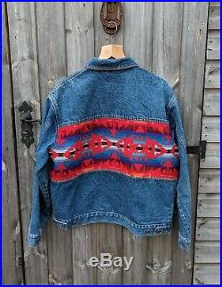 Pendleton L Blue Denim Jacket Western Aztec Navajo Indian Flannel Blanket Men's