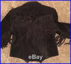 Pioneer Wear Womens Black Leather Suede Fringe Western Coat Jacket Sz XS