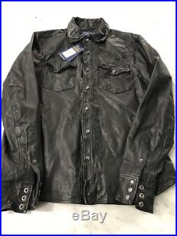 Polo Ralph Lauren Mens Washed Sheepskin Leather Western Overshirt Jacket Black