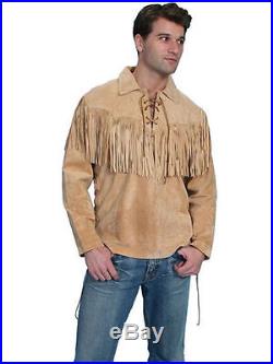 QMUK Western Men's Fringed Suede Leather Shirt Jacket