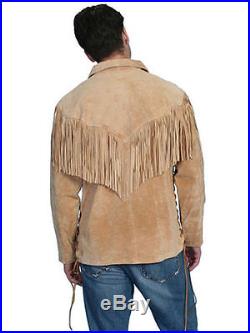 QMUK Western Men's Fringed Suede Leather Shirt Jacket
