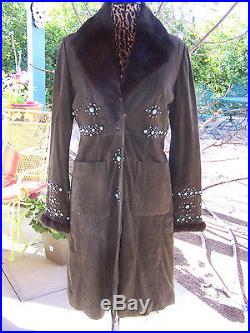 RARE$858Mahogany Western Leather Fur Turquoise Studded CoatSTasha Polizzi