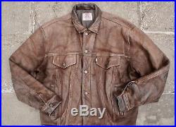 RARE Vintage LEVI'S Brown Cow Nubuck Leather Trucker Jacket Western Biker Large