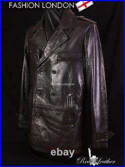 REEFER Black Men's Classic Pea Coat Style Lambskin Simple Casual Leather Jacket