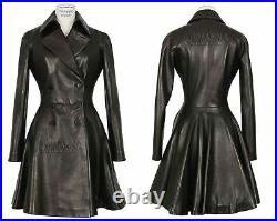 ROXA HOT Women's Genuine Leather Lambskin Long Overcoat Trench Coat Button Black