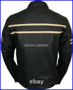 ROXA Latest Men Stripped Genuine Cowhide Natural Leather Jacket Black Biker Coat