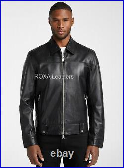 ROXA Men Casual Authentic Cowhide Real Leather Coat Black Western Collar Jacket