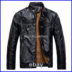 ROXA Men Genuine Cow Hide Natural Leather Pocket Jacket Black Distress Line Coat