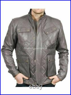 ROXA Men Genuine Cowhide Real Leather Jacket Biker Stylish Quilted Grey Cow Coat