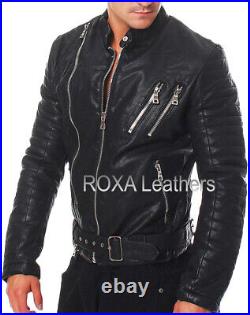ROXA Men Quilted Design Authentic Cowhide Pure Leather Jacket Belted Biker Coat