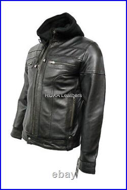 ROXA Men Soft Hooded Black Coat Authentic Cowhide Real Leather Winter Cow Jacket