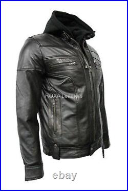 ROXA Men Soft Hooded Black Coat Authentic Cowhide Real Leather Winter Cow Jacket