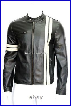 ROXA Men Stripped Black Cow Motorcycle Coat Genuine Cowhide Pure Leather Jacket