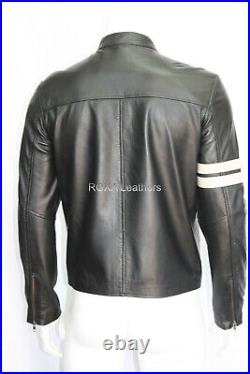 ROXA Men Stripped Black Cow Motorcycle Coat Genuine Cowhide Pure Leather Jacket