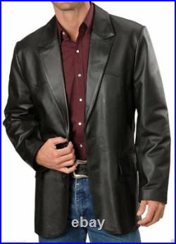ROXA Men's Genuine Lambskin Handcraft Black Leather Blazer Soft TWO BUTTONS Coat