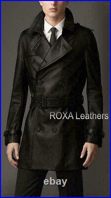 ROXA Men's Genuine Sheepskin Real Leather Trench Jacket Black Belted Button Coat
