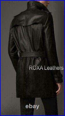 ROXA Men's Genuine Sheepskin Real Leather Trench Jacket Black Belted Button Coat