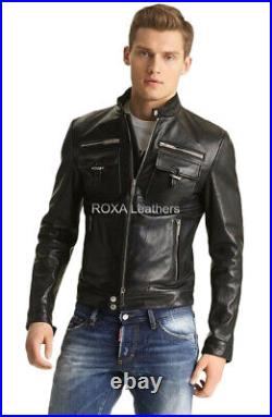 ROXA Men's New Motorcycle Black Coat Genuine Cowhide 100% Leather Pocket Jacket