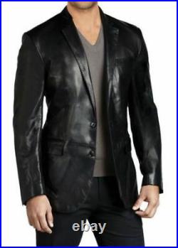 ROXA Men's Work Wear Genuine Lambskin Real Leather Blazer Black TWO BUTTONS Coat