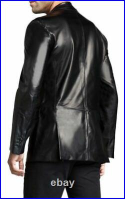 ROXA Men's Work Wear Genuine Lambskin Real Leather Blazer Black TWO BUTTONS Coat