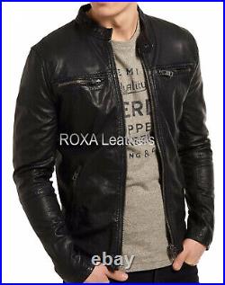 ROXA Modern Men Outwear Genuine Cowhide 100% Leather Jacket Black Biker Cow Coat