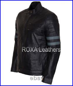 ROXA Premium Men Casual Genuine Cow Hide 100% Leather Coat Stripped Black Jacket