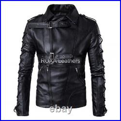 ROXA Racer Men Lace Up Authentic Cow Hide Pure Leather Jacket Belted Black Coat