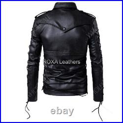 ROXA Racer Men Lace Up Authentic Cow Hide Pure Leather Jacket Belted Black Coat