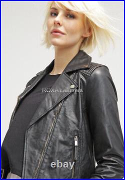 ROXA Western Look Women Genuine NAPA 100% Leather Jacket Collar Black Biker Coat