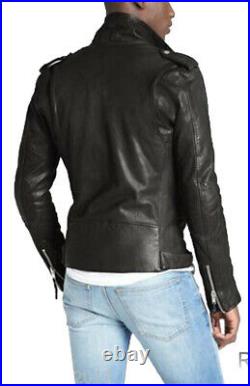 ROXA Western Men Belted Collared Black Coat Genuine Cowhide Real Leather Jacket