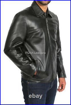 ROXA Western Men Genuine Cowhide 100% Leather Jacket Black Work Wear Collar Coat