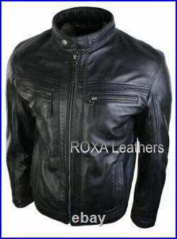 ROXA Western Men Handmade Genuine Cow Hide 100% Leather Jacket Black Zip Up Coat