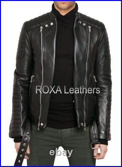 ROXA Western Men Quilted Genuine Cowhide Real Leather Jacket Bomber Belted Coat