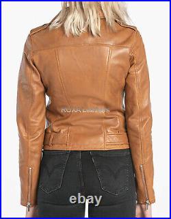 ROXA Western Women Belted Authentic Sheepskin Real Leather Jacket Biker Zip Coat
