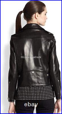 ROXA Western Women Black Genuine NAPA Natural Leather Jacket Silver Studded Coat