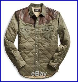 RRL Ralph Lauren Leather Yoke Green Western Overshirt Jacket-MEN- S