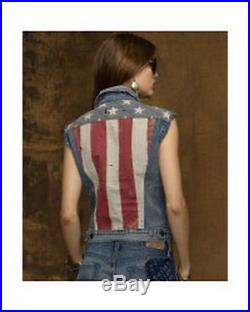 Ralph Lauren Denim Supply Distressed USA Flag Western Slim Jean Moto Jacket XL S