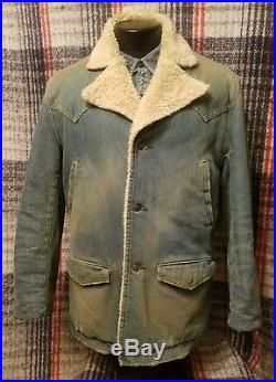 Ralph Lauren RRL M Distressed Denim Jean Sherpa fur Coat Jacket Double western