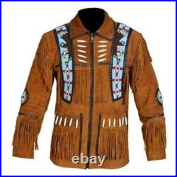 Rapid Mart Men's Western Cowboy Leather Jacket, Fringes, Suede (4X-Large)