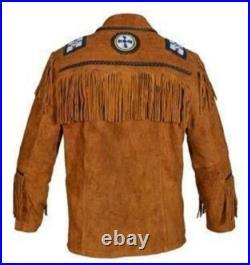 Rapid Mart Men's Western Cowboy Leather Jacket, Fringes, Suede (4X-Large)