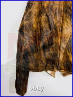 Real Cowhide Hair-On Cropped Leather Jacket Western Rodeo Style Biker Fur Coat