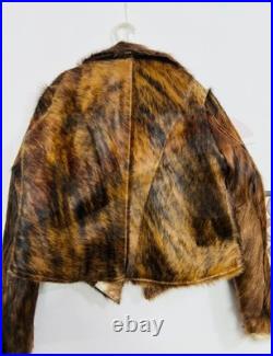 Real Cowhide Hair-On Cropped Leather Jacket Western Rodeo Style Biker Fur Coat