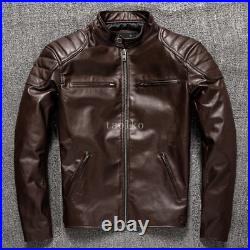 Retro Style Stand Collar Mens Real Leather Short Coat Jacket Motorcycle Clubwear