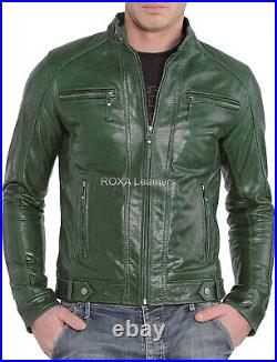 Rider Men Green Authentic Sheepskin Natural Leather Jacket Body Fitted Coat